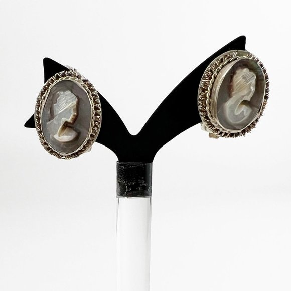 Vintage Silver Abalone Shell Cameo Set Bracelet Earrings Pendant Parure - Picture 10 of 12